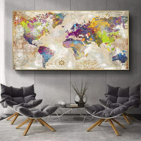 Retro World Map Pictures Posters e impressões de arte de parede dourada pinturas de lona para decoração de sala de estar Cuadros Home Wall Decor