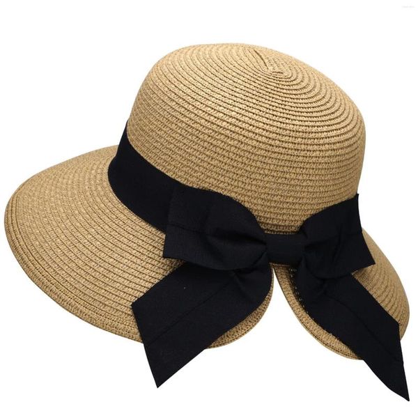 Chapéus largos de largura do sol feminino com cordão de vento palha de verão para mulheres praia compacável leve dobrável