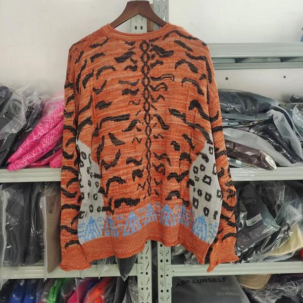 Maglioni da uomo Hip Hop Uomo Maglione oversize Arancione Allentato Tiger Leopard Stampa Donna Buona qualità High Street Vintage 1: 1 lavorato a maglia