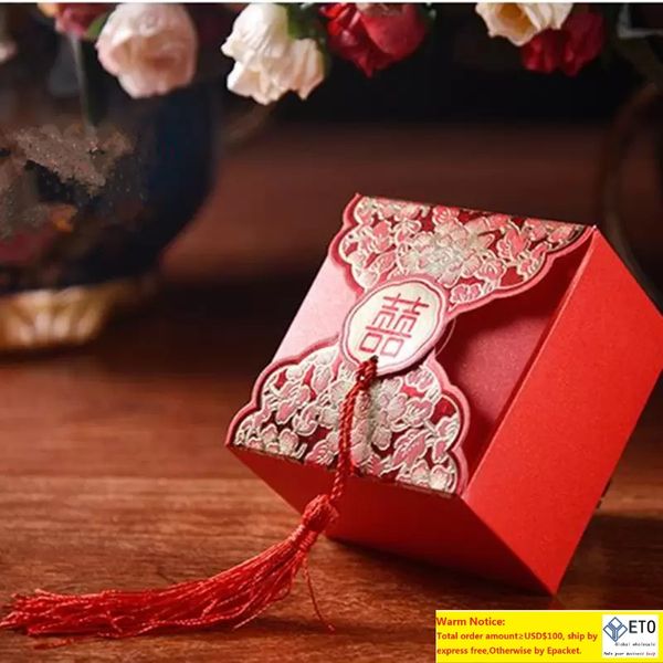 Scatola di caramelle per matrimonio cinese Doppia felicità quadrata rossa Carta kraft Hi Word Flower Blossom Print Chocolate Bag Party