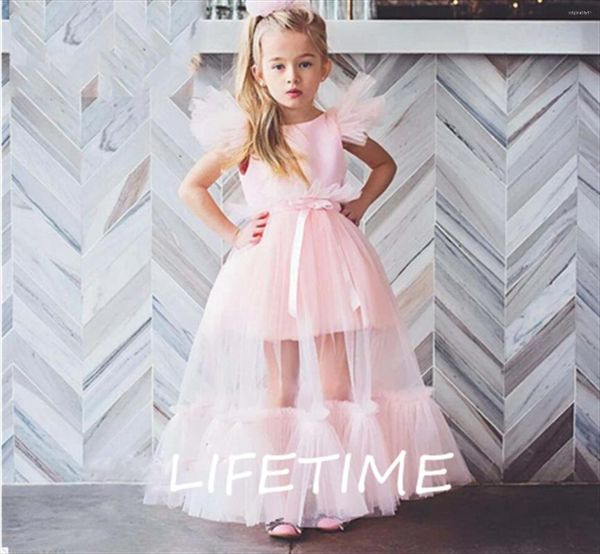 Mädchenkleider Elegante Prinzessin Dress Pink Tüll Flower Cap Sleeves Custom Made Mädchen Tuch Longo Kindergeburtstag