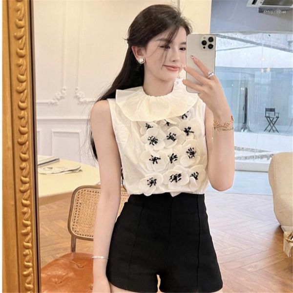 Damenblusen Damenmode 3D Blume Weißes Hemd Sommer Ärmellos Rüschen Stehkragen Tops Französisch Retro Dame Elegant OL Lolita Bluse