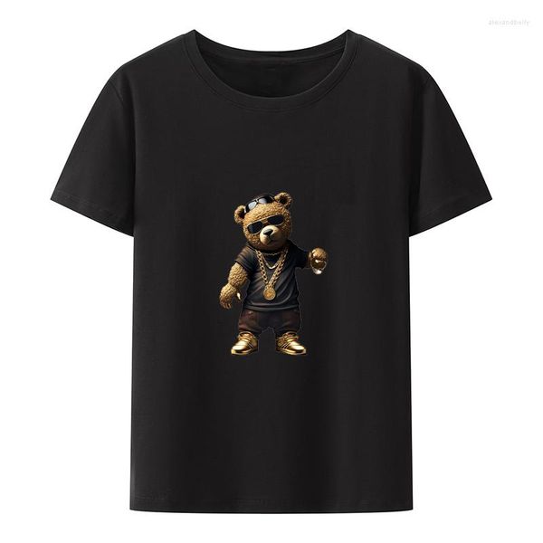 Camisetas masculinas Urso frio com corrente dourada de algodão y2k camisetas anime estilo masculino roupas de rua impressão de moda respirável Humor de lazer solto