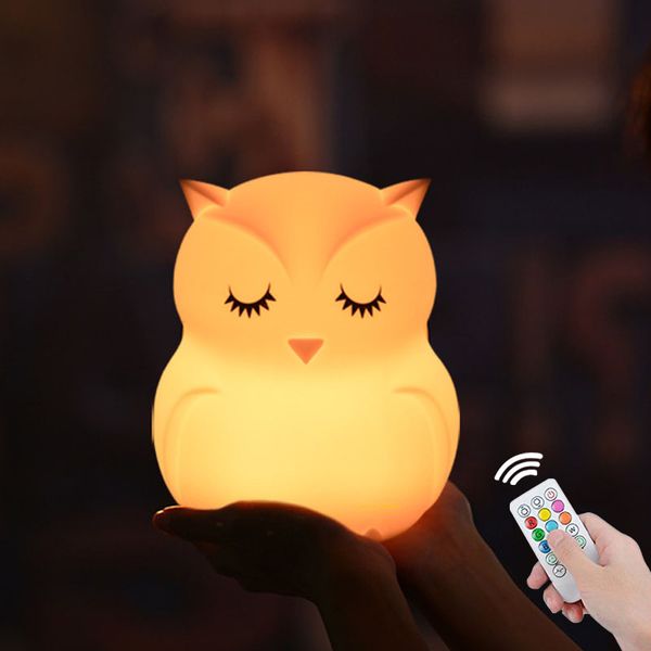Lambalar Gölgeler Baykuş LED Gece Işık Dokunmatik Sensör Uzaktan Kontrol 9 Renk Damlanabilir Zamanlayıcı Şarj Edilebilir Silikon Gece Lambası Çocuklar İçin Bebek Hediyesi 230418