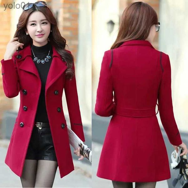 Damen Wollmischungen 2023 Frühling Herbst Trenchcoats Frauen Schlank Zweireiher Damen Mantel Lange Fe Windjacken Rot Marine OberbekleidungL231118