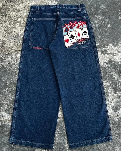 Jeans masculinos JNCO homens roupas Y2K perna larga jeans poker gráfico bordado azul vintage streetwear jeans para homens goth hip hop baggy jeans 231117