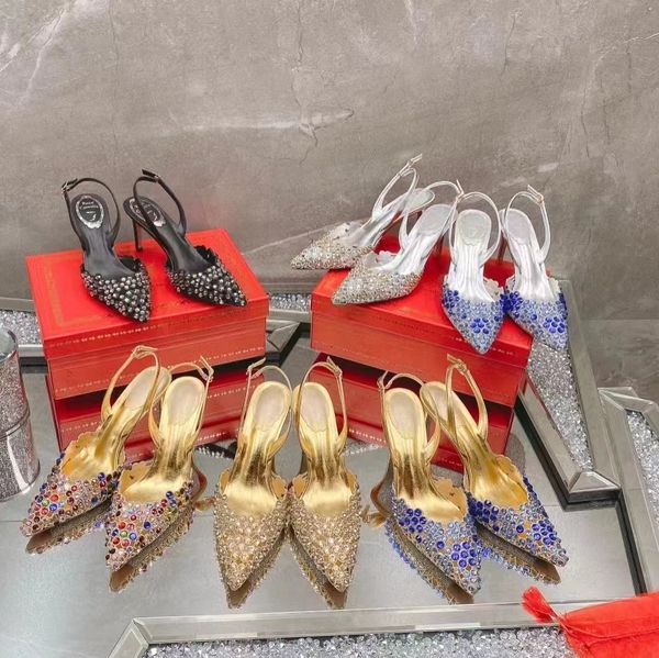 Ultime scarpe eleganti da donna Rene Caovilla Designer Heels Cleo cristalli stiletto decorativo Sandalo con tacco alto di alta qualità Anello con strass scarpa da sera sexy di lusso