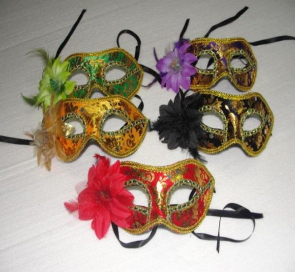 Squisita testa piatta Velluto dorato Piuma Fiori Maschera Masquerade Fiore di giglio Maschera da principessa per Lady Mix Colori 10pcslot1531062