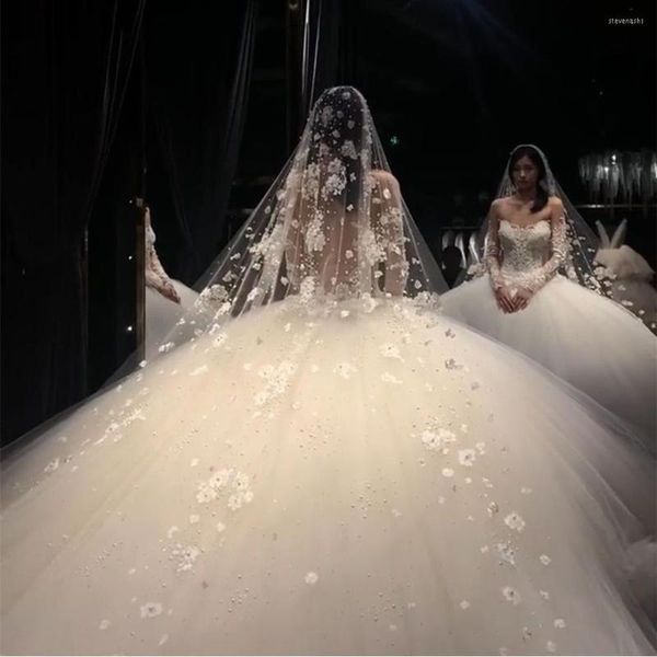 Bridal Véils Apliques Casamento Véu 3D Flores pérolas Chapel Comprimento