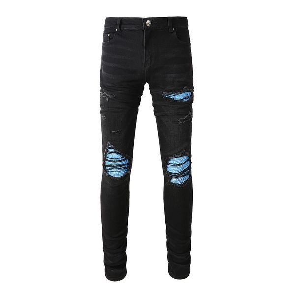 Jeans da uomo Arrivi Uomo Steetwear Style Bandana Skinny Stretch con fori Strappati Slim Fit Black Blue High Street Distressed Patch 230418