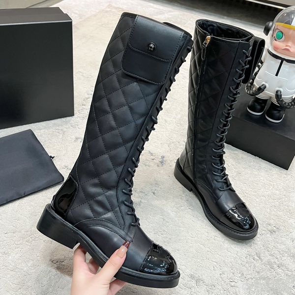 Design clássico abacaxi diamante check mulheres boot designer botas joelho botas cinta zíper bolso lateral botas de cavaleiro italiano bezerro de alta qualidade tamanho 35-41