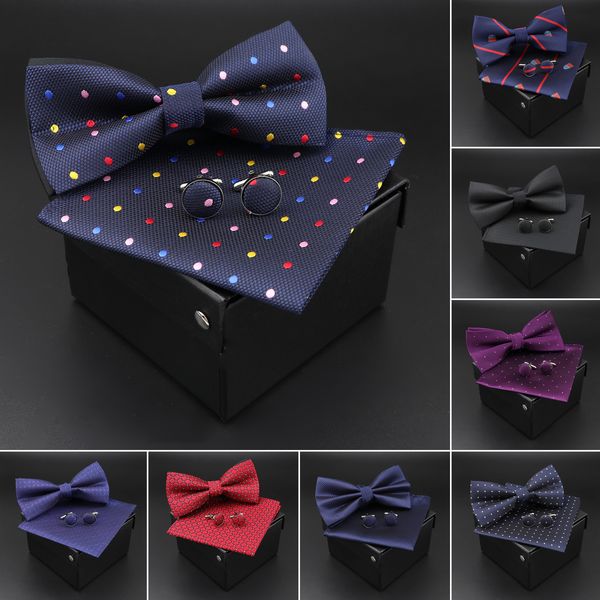 Boyun bağları katı polyester noktalar bowtie mendil kolkukları set erkekler moda kelebek parti düğün bowties kutu olmadan yenilik hediyesi 230418