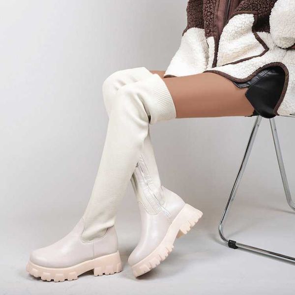 Stivali invernali Stivali elastici al ginocchio lavorati a maglia Autunno Inverno Nuovi calzini di lana dimagranti alla moda scavati per le donne
