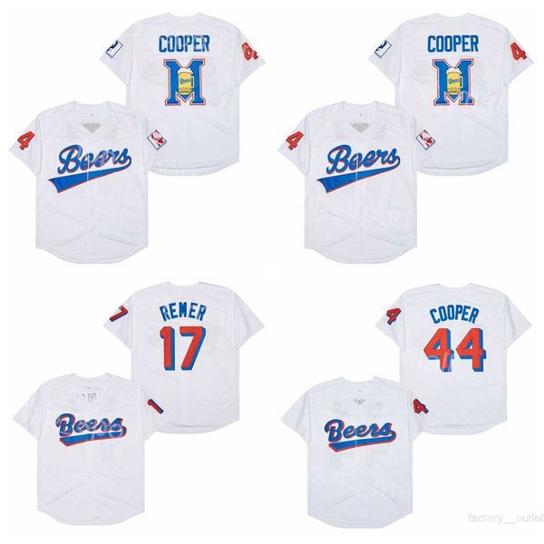 Movie Baseball Beers 17 Doug Remer Jersey 44 Joe Coop Cooper All Stitched White Team Color Puro cotone traspirante Cool Base University Per gli appassionati di sport Cooperstown