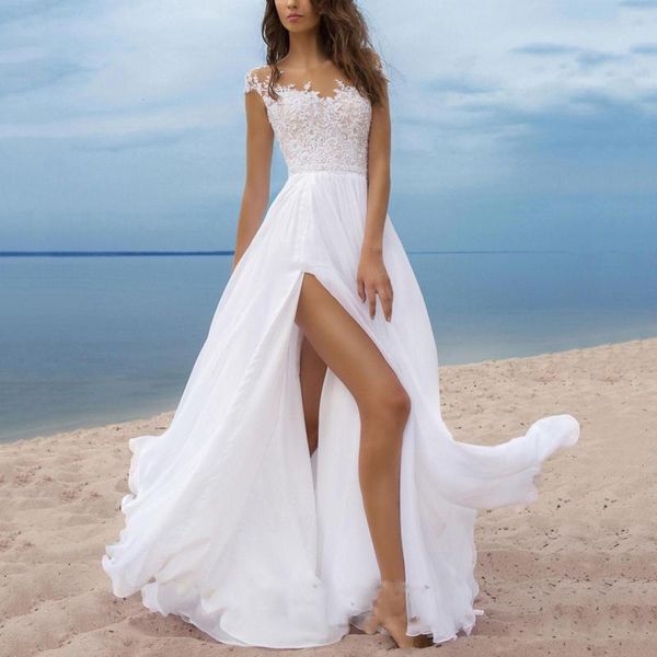 Abiti casual 2023 chiffon di pizzo estivo per donna abito da sera lungo di lusso bianco abito lungo fino al pavimento da sposa diviso