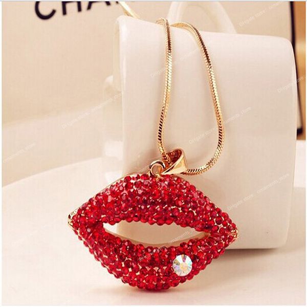 2020 trendige Hot-Sexy Rote Lippen Halskette Damen Strass Schmuck Halskette Sexy Stil Gold Farbe Kette Halsketten Für Party Geschenke Mode SchmuckHalskette sexy