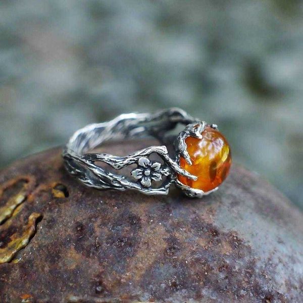 Бэнда кольца модная женщина янтарная камень древнее серебряное кольцо винтажное цветочное драгоценности свадебная вечеринка AA230417