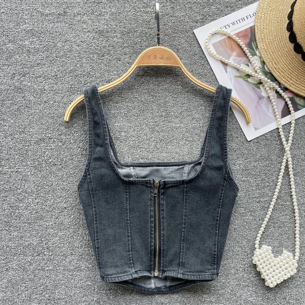 Camisoles Tank Imitação de verão jeans camis camba de ombro largo zíper top square colar espartilho coreano Moda de cor sólida tops 230418