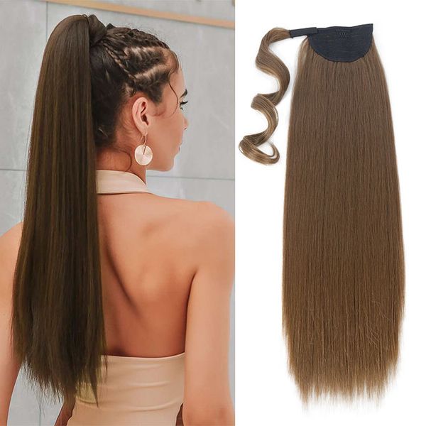 Extensão de cabelo de rabo de cavalo sintético, clipe longo e reto em peruca natural, penteado loiro preto, 28 polegadas, enrolado em rabo de cavalo