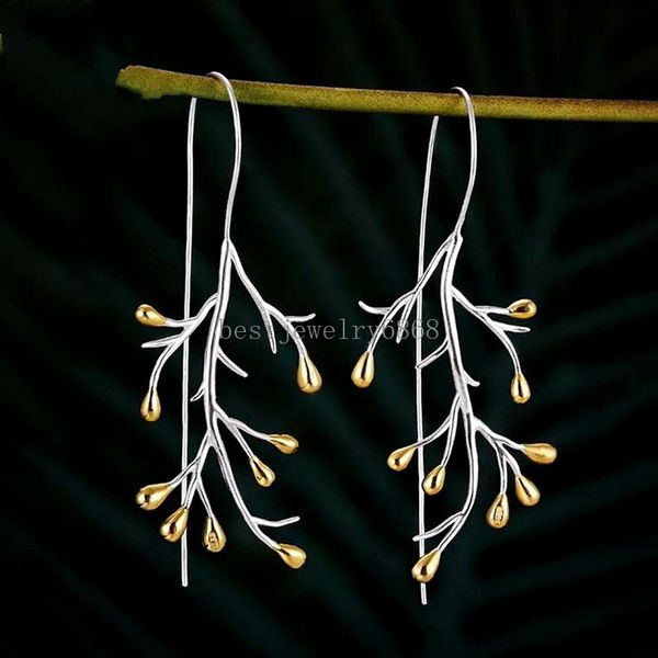 Двухцветные серьги-ветки в стиле ретро, трендовые винтажные серебряные длинные серьги-крючки для женщин, свадебные украшения для помолвки и вечеринки