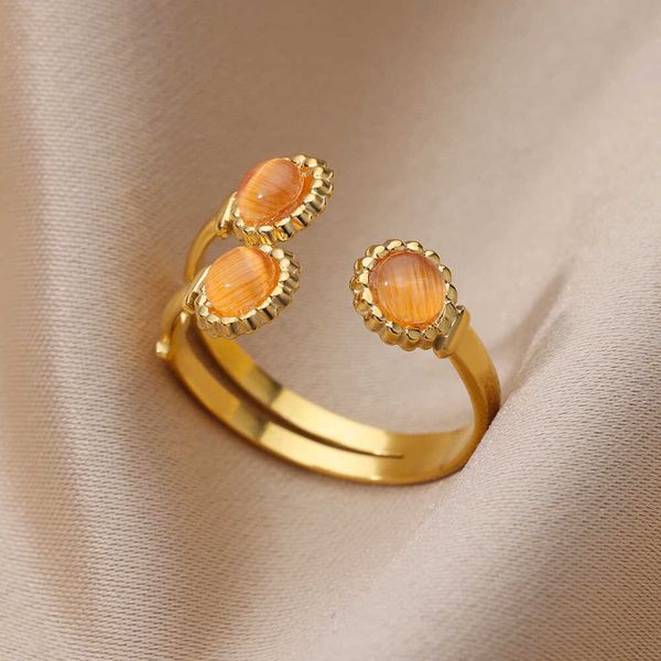 Anéis de banda Anéis de opala em forma de sol para mulheres abertos ajustáveis estética anel de aço inoxidável pedra colorida joias de casamento da sorte anillos mujer AA230417