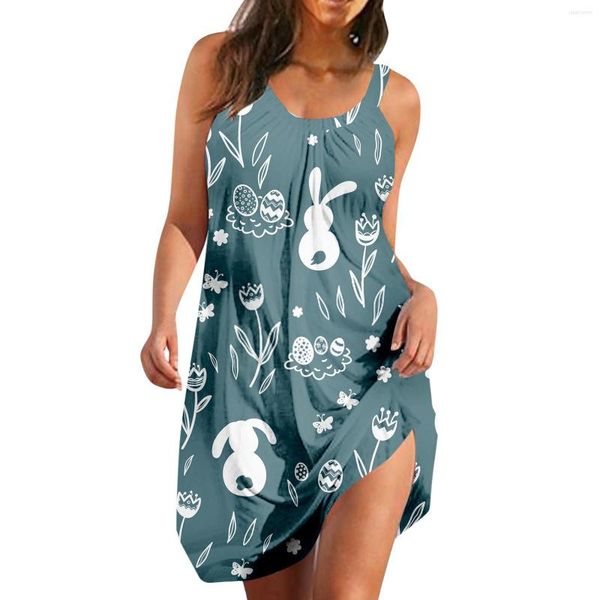 Lässige Kleider Ostern Sommer Frauen ärmelloses Ei Muster Mini Sommerkleider für Maxikleid aus Baumwolle