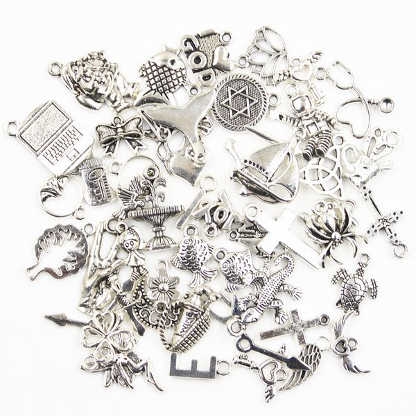 30pcs Charms Sun Moon Horse Crown Blatt Fisch Klee Antike Bronze Silber Farbe gemischte Anhänger DIY MACHEN