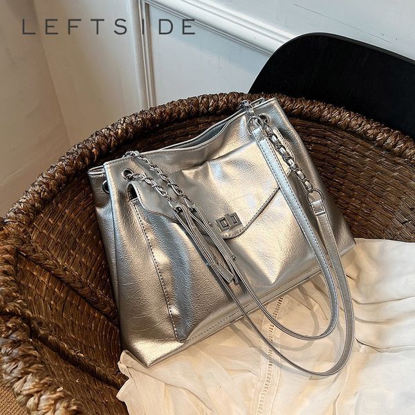 Abendtaschen LEFTSIDE Silber Leder Schulter Seite für Damen Trend Vintage Weiche Handtaschen und Geldbörsen Lady Chain Toto Bag 230417