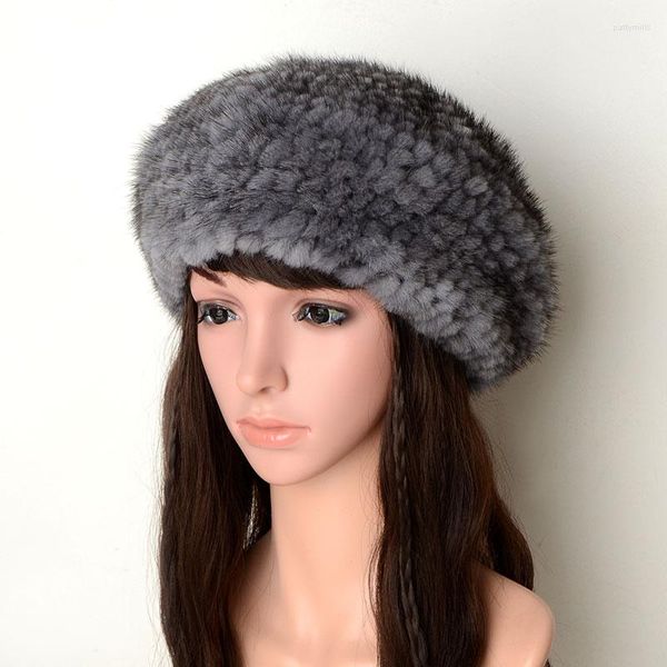 Berets estilo de inverno feminina malha knit natural bo boina de peles genuínas de meia-idade e idosos chapéu de lã