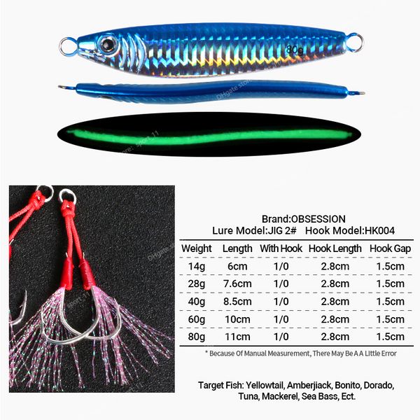 S-förmige Mikro-Jigs, 14 g, 28 g, 40 g, 60 g, 80 g, leuchtender, langsam fallender Metall-Jigging-Köder, unterstützt Zwillingshaken, Seefischerei-Köder, Angelgerät, Angelköder, langsame Jigging-Köder aus Metall