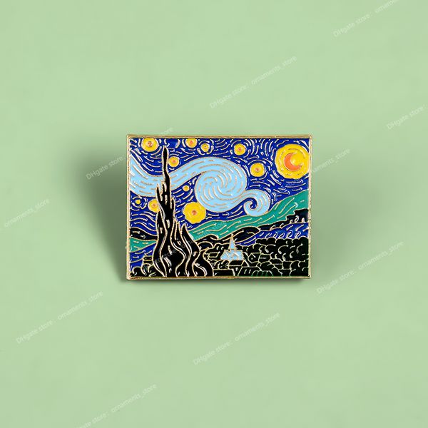 Pinturas de obras-primas de Van Gogh Broche de céu estrelado Ilusão romântica Obras de arte Pôr do sol Mountain Village Alfinetes esmaltados Joias Moda JoiasBroches Joias