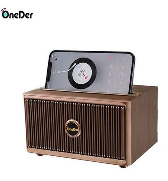 ORIGINAL ONEDER-V6 Bluetooth alto-falante retro de madeira retro sem fio portátil ao ar livre Desktop Audio Bass Radio Aux hifi tf titular de telefone alto alto-falantes