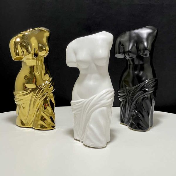 Vasen Handarbeit Weiß Schwarz Gold Weibliche Büste Kunstvase Halbkörper Keramik Blumenvase Tabletop Collectibles Nordic Home Living Room Decor Y23