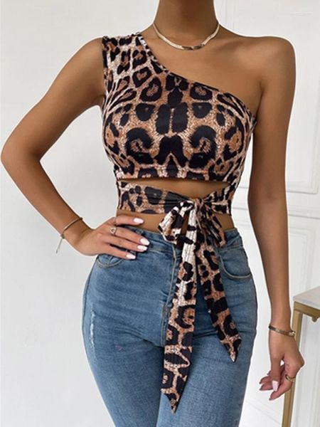 Damenblusen Damen Sexy Slanted Neck Off-the-Shoulder Top Leopard Printed Crop Pullover Shirts Ärmellose High Streetwear Bluse