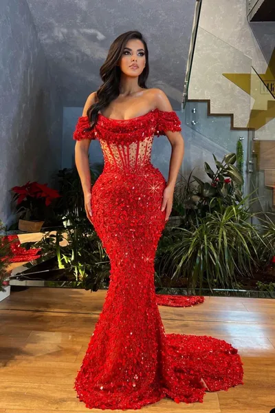 Elegante Brilho 3D-Lace Sereia Vestidos de Noite Lantejoulas Fora Do Ombro Apliques Slim Fit Trem Da Varredura Vestidos de Baile Custom Made D-L23533