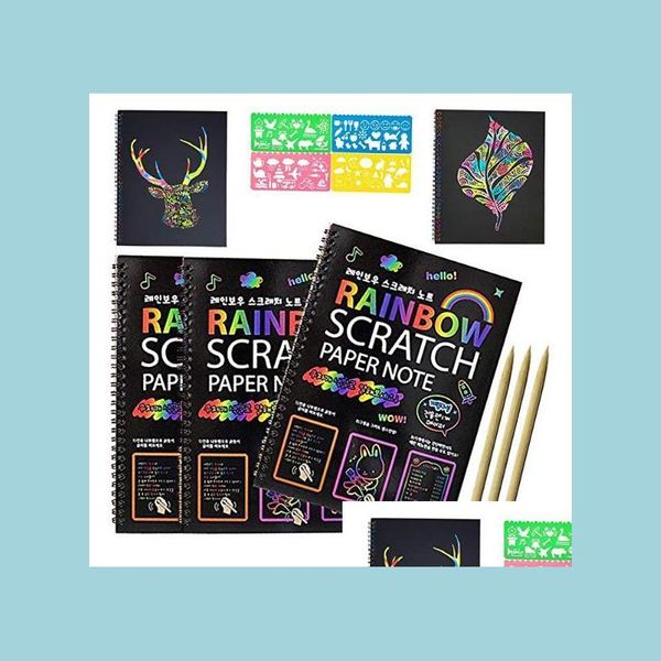 Prodotti di carta Magic Scratch Art Book Quaderno arcobaleno con stilo in legno Note per bambini Tabelloni Festa di compleanno Gioco di compleanno Regalo 10.3X Dhdvx