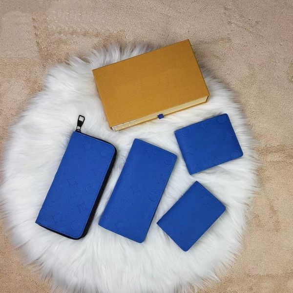 Designer carteira mulheres bolsas em relevo flores azul moda homens carteiras letras de luxo titulares de cartão de crédito senhoras sacos de embreagem de dinheiro com caixa original