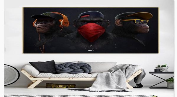 Moderne Wandkunst, Leinwandgemälde, lustiger denkender Affe mit Kopfhörer, Poster, Drucke, Tierwandbild für Wohnzimmer, Heimdekoration9361584