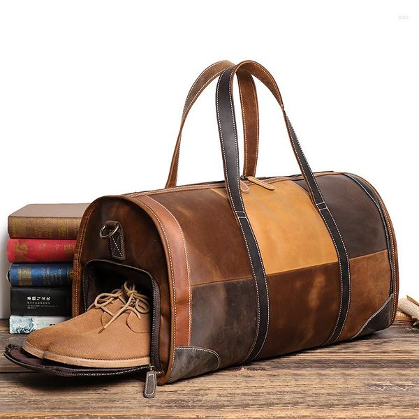 Duffel Bags Bolsa de viagem de couro genuína de grande capacidade para homens Vintage Multicolor Duffles Ladies Fim de semana Mensageiro de bagagem de mão