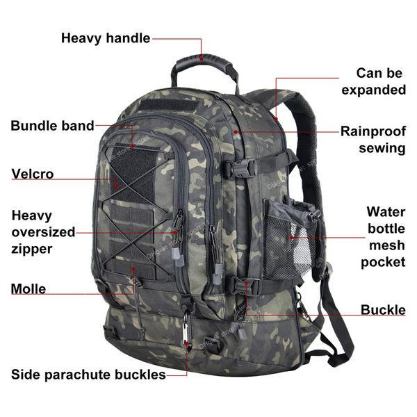 Mochila tática militar 60L Exército Molle Assault Mochila 3P Viagem ao ar livre Caminhadas Mochilas Acampamento Caça Sacos de escalada Acampamento CaminhadasSacos ao ar livre