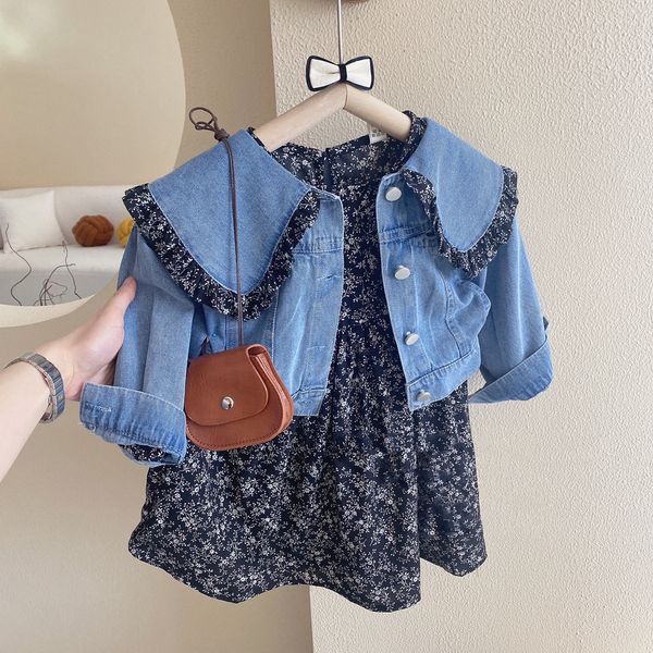 Kleidung Sets Frühling Herbst Mädchen Sets Niedlichen Revers Denim Top Blumenkleid Zweiteiler Kinder ClothesSuit 230417