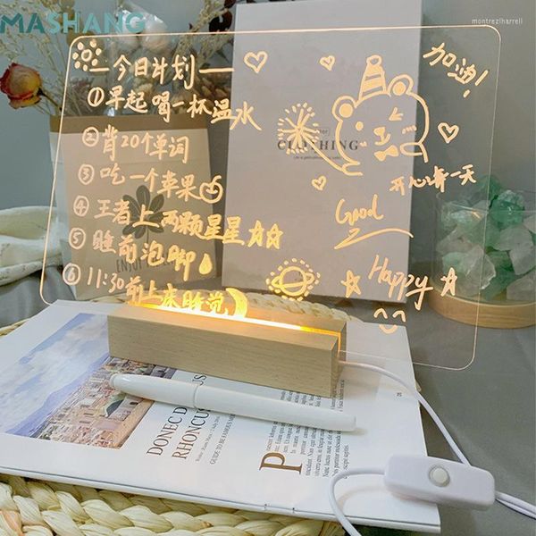 Nachtlichter Holzsockel Led Notizbrett Acryllampe Wiederbeschreibbares Licht Transparent Nachricht USB Nachtlicht Mit Stift Für Mädchen Geschenk
