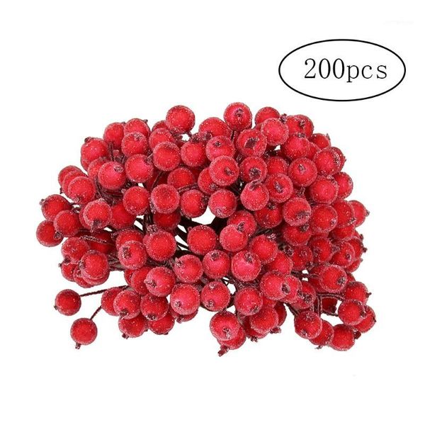 Decorações de Natal 200pcs Artificial Fosted Berry Chic Mini Fruit Holly Flower para Diy Tree Decoration Red como mostrado1