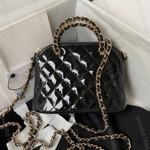 10A Designer-Mini-Shell-Taschen in Spiegelqualität, 16,5 cm, klassische gesteppte Damen-Reißverschlusstasche, Lackleder, schwarze Geldbörse, Handtasche, Umhängetasche, Schultergurt, Box-Tasche