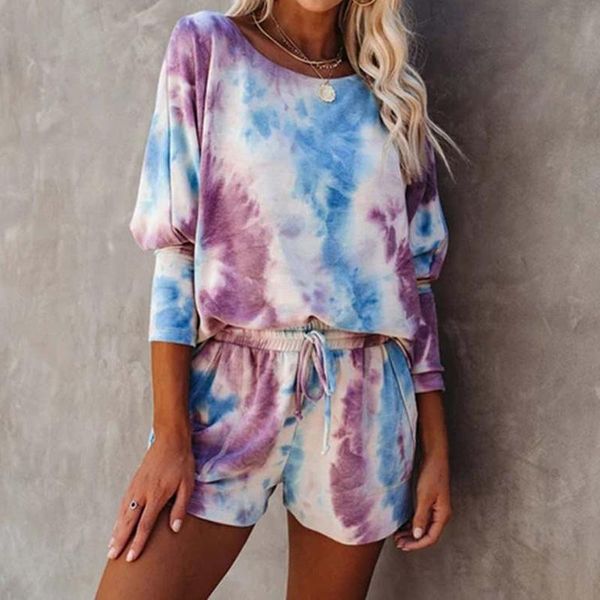 Tute da donna 2023 Pantaloncini tie-dye da donna Set manica lunga Abbigliamento sportivo da esterno Set da salotto da donna Sleepwear Home Suit Tuta da donna morbida