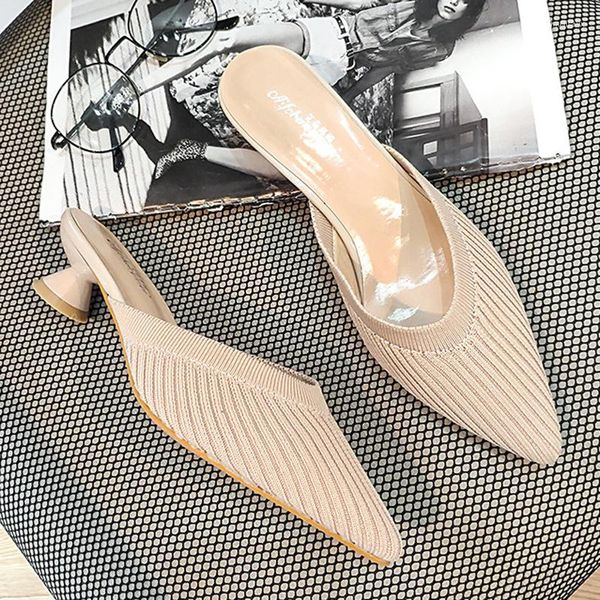 Hausschuhe Stretch Polyester Schuhe Frau Mules Med-High Heels 3D-Geweberutschen Damen atmungsaktive Fliplops Frauen Keile Sandalen Sandalen