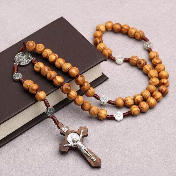 Anhänger Halsketten Natürliche Kiefernperlen Halskette Katholischer Handgewebter Holzfarbener Kreuzgebetsschmuck