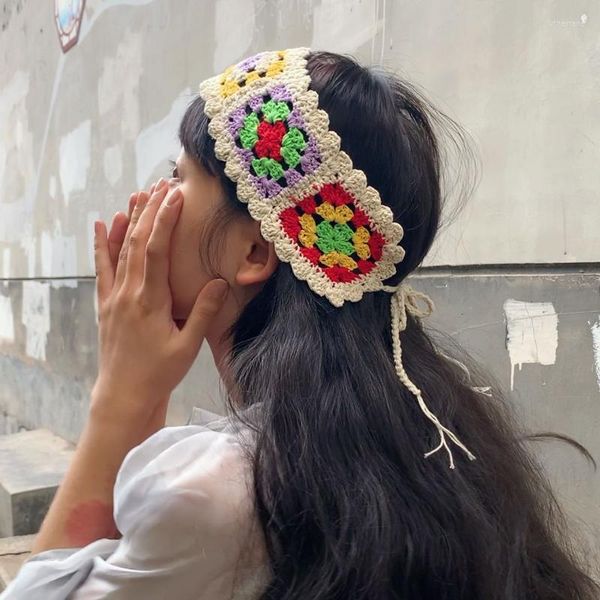 Haarspangen 2023 Mädchen Buntes Band Handgemachte Hakenblume Mode Kontrastfarbe Ornament Baumwollfaden Gestricktes Stirnband