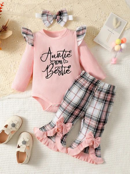 Pagliaccetti 0 2 anni Nati Neonata Primavera Autunno Maniche lunghe Girocollo Lettera Tuta ricamata Plaid S er Pantaloni Set moda 231117