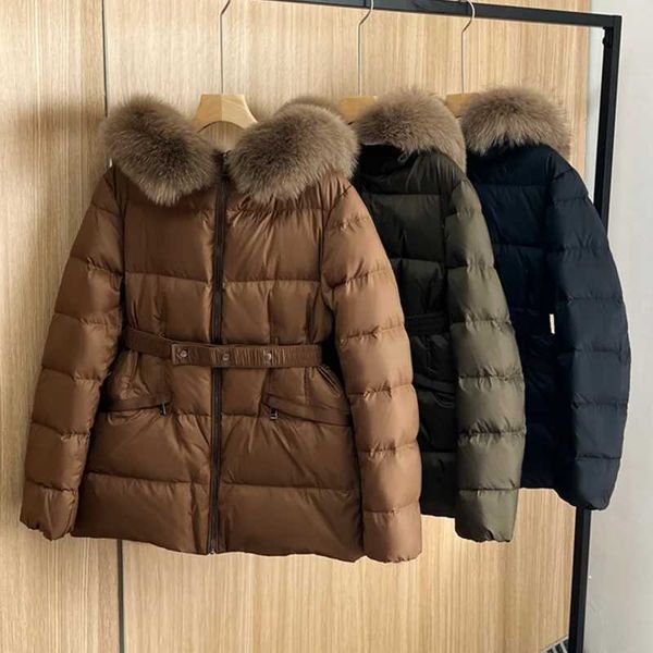 Neue Winter Mit Kapuze Kurze Große Fuchs Pelz Feder Hals Ente Unten Mantel Frauen Taille Slim Fit Puffer Leichte Jacken